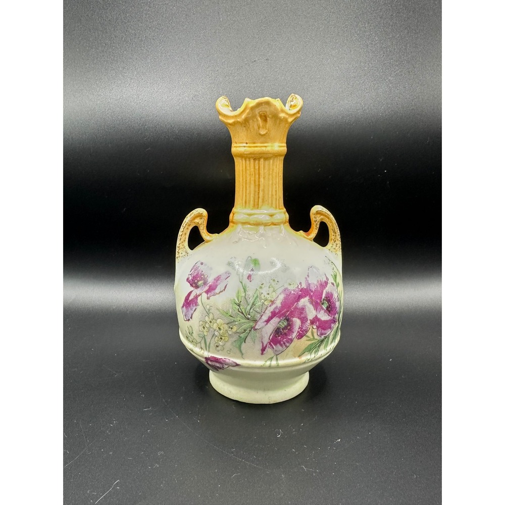 Antique Austria Porcelain Bud Vase Hand Painted Purple Poppies Double Handle 6in